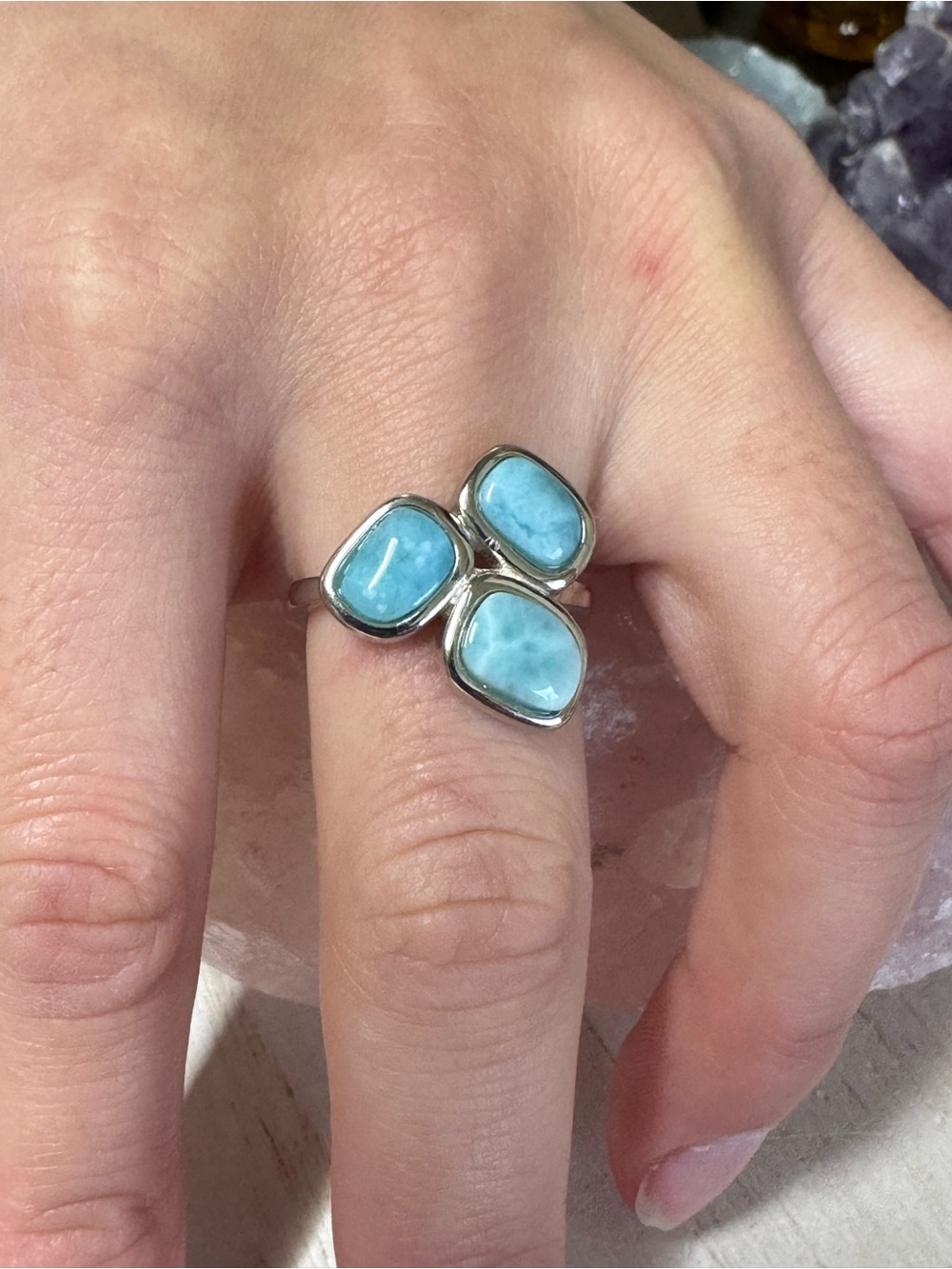 Triple Larimar Sterling Silver Ring - Size 7 - 7.25